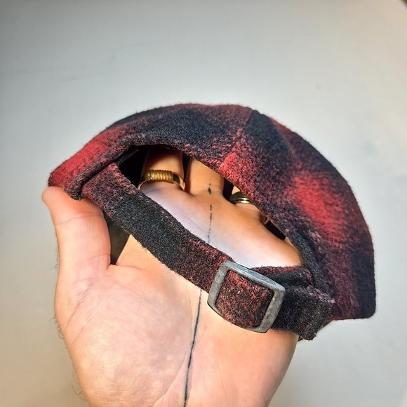 VTG Wool Leather Brim Plaid Hat Strapback Cap Red Black Brown Adjustable Smaller - Picture 6 of 10